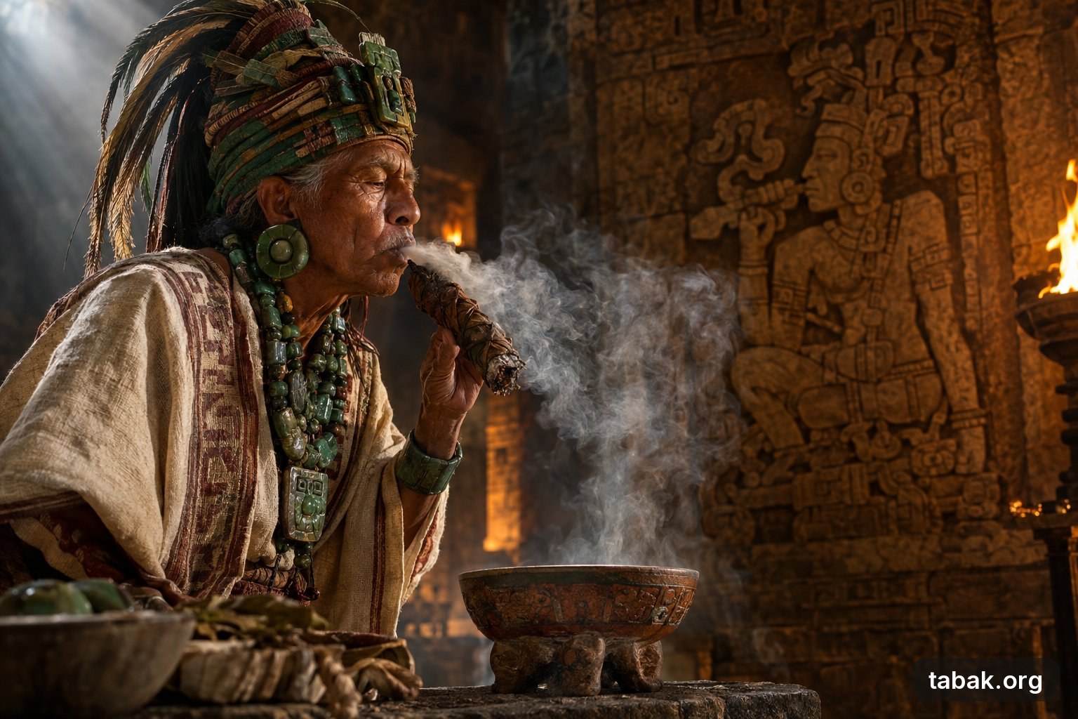Rauchende Gottheit von Palenque – Ein Maya-Priester in einem dämmrigen Steintempel bläst dichten Tabakrauch aus einer dicken Blattrolle über eine Opferschale