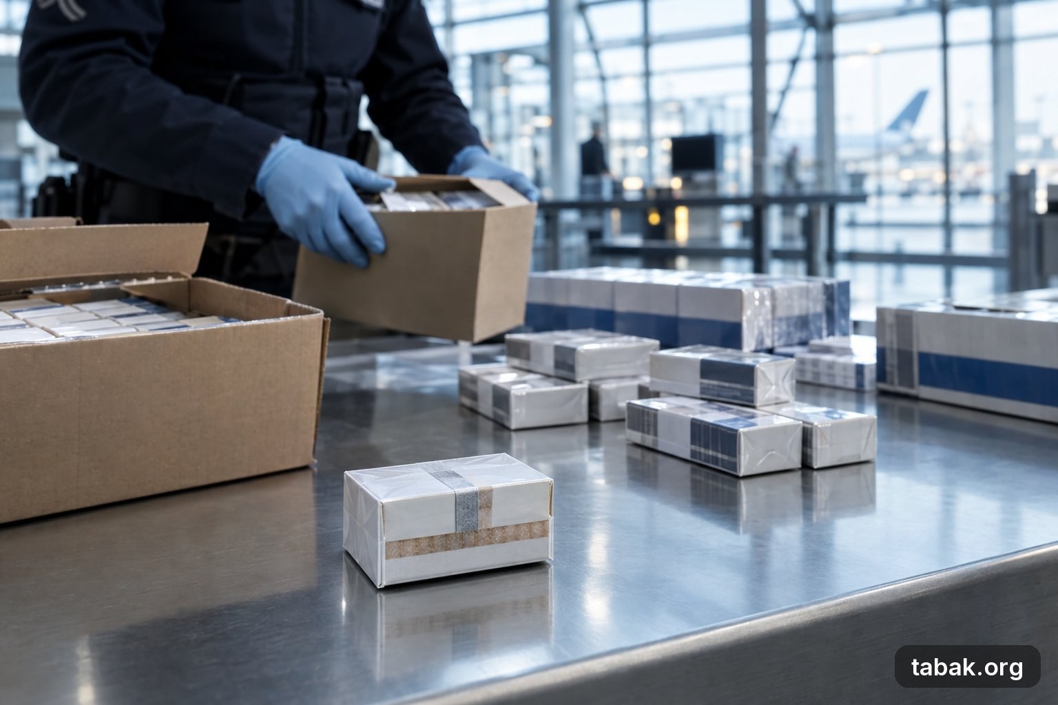 Steuerzeichen und Zollkontrolle – Ein Zollbeamter an einem Kontrolltisch sortiert Zigarettenstangen und Packungen