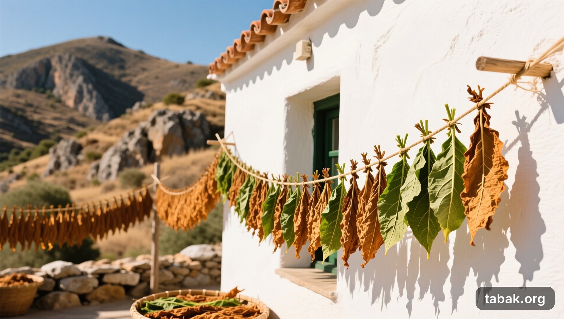 Kleine Orient-Tabakblätter, auf Schnüre gefädelt, trocknen in langen Reihen in der Sonne an der Wand eines mediterranen Dorfhauses