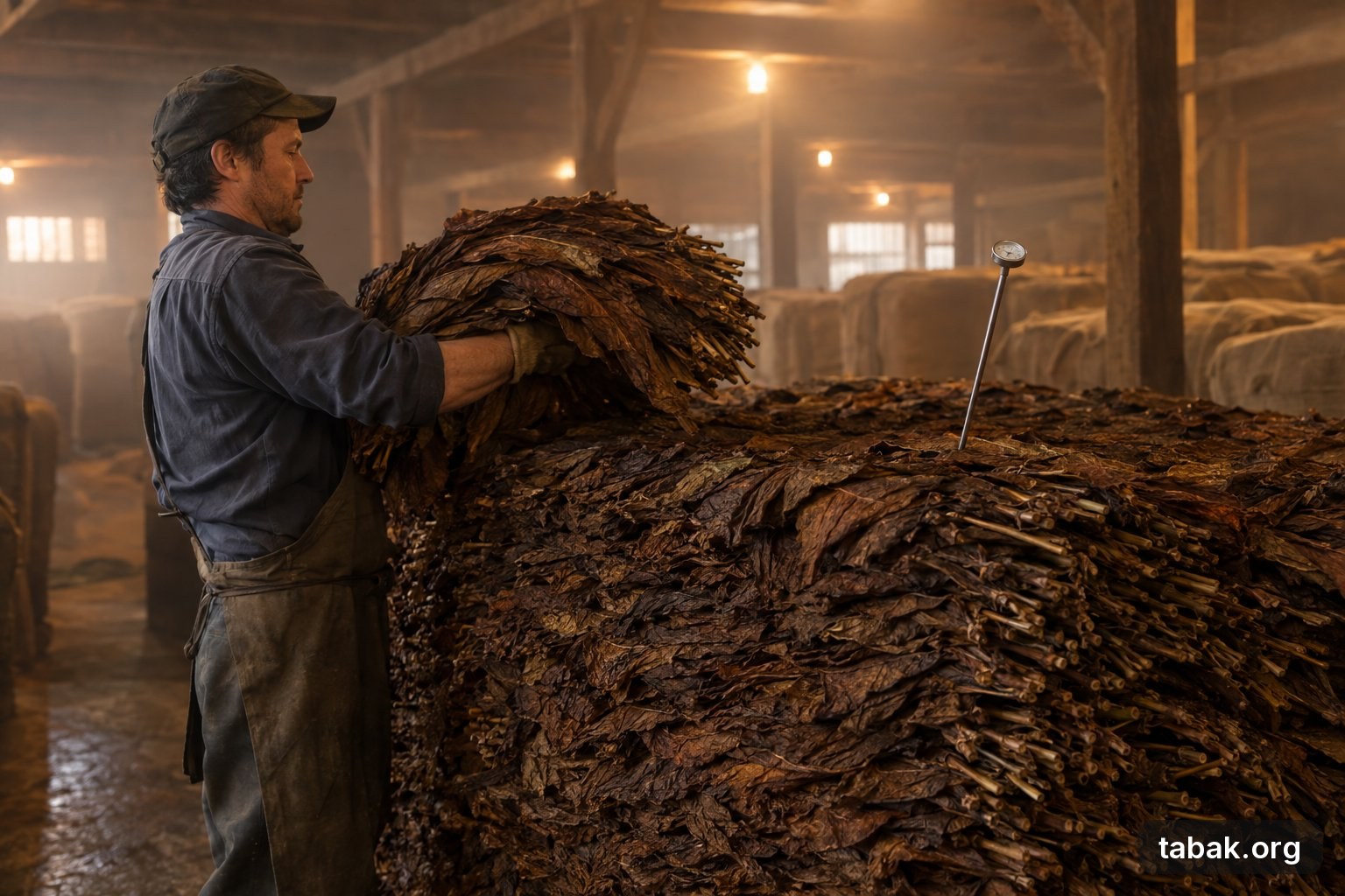 Fermentation im Pilón – Ein brusthoher, sorgfältig geschichteter Stapel dunkler, fermentierender Tabakblätter in einer Halle